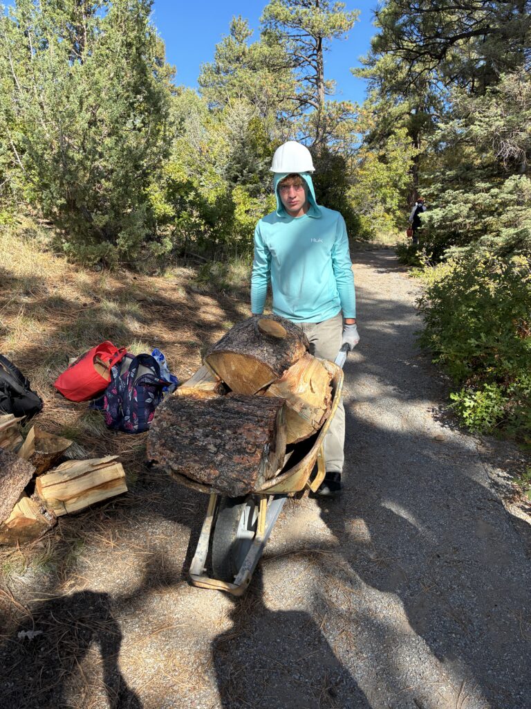 20261007 1006 Student with load of wood in wheelbarrow